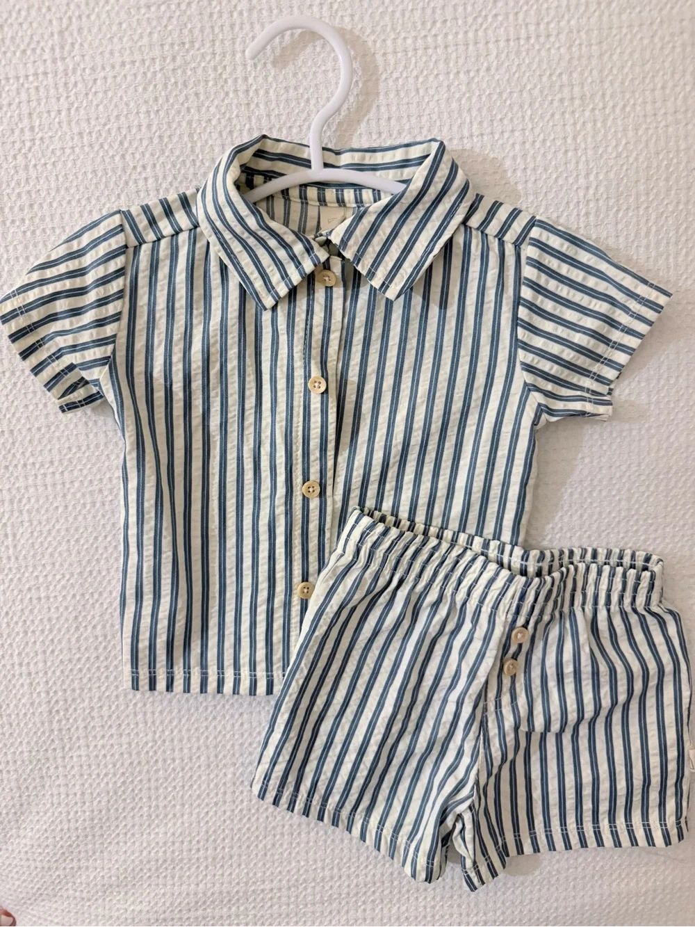 Striped Blue & White Button-Down Shirt and Shorts Set - Kids